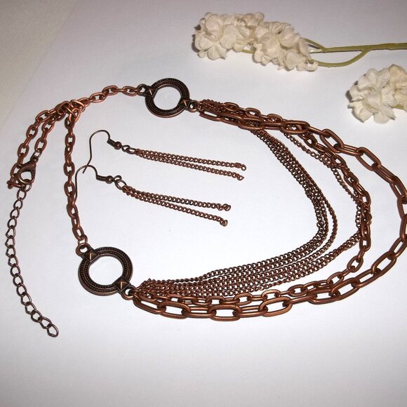 Boho Style Copper Necklace Earrings Chain Fashion Jewelry Accessory Set Lot C710 - Picture 3 of 4